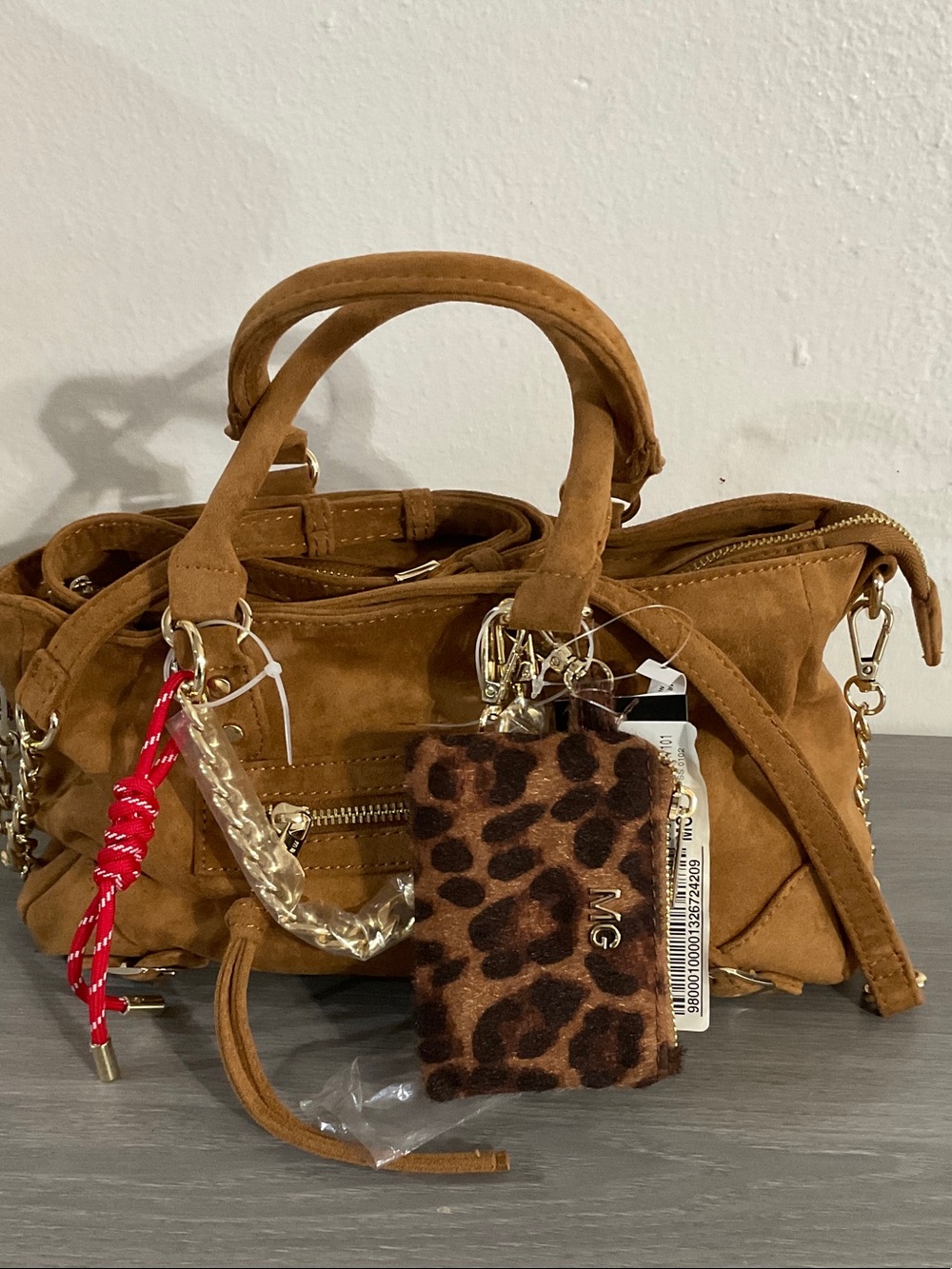 Suede Satchel Handbag with Leopard Charm in Brown